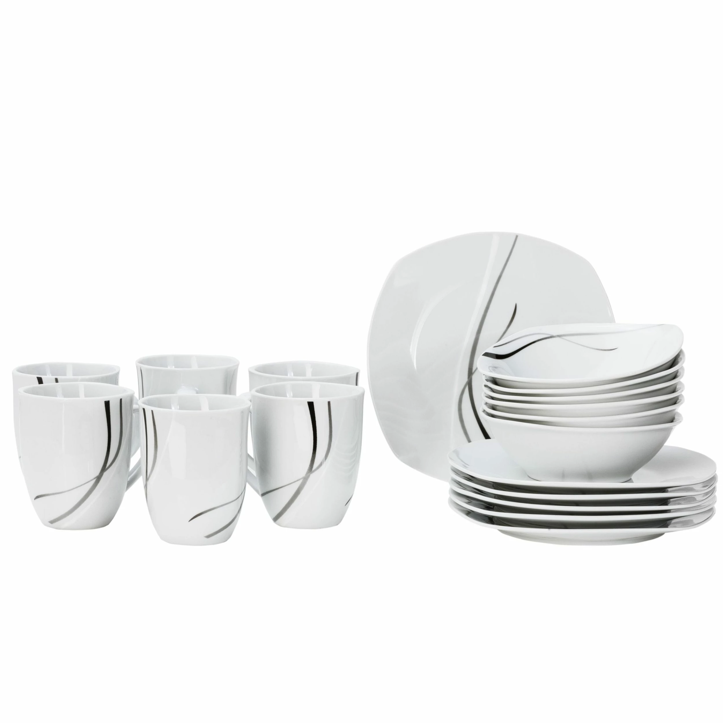 Null Frühstücksset 12tlg. Silver Night Für 6 Personen - 6 Teller Und 6 Becher Aus Weißem Porzellan Mit Grauen / Schwarzen Linien 2 Null Frühstücksset 12tlg. Silver Night Für 6 Personen - 6 Teller Und 6 Becher Aus Weißem Porzellan Mit Grauen / Schwarzen Linien – Bild 2