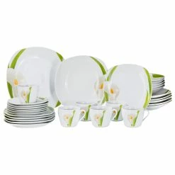 Null Kombiservice Calla 30-teilig Eckig Porzellan Für 6 Personen Weiß Mit Blumendekor