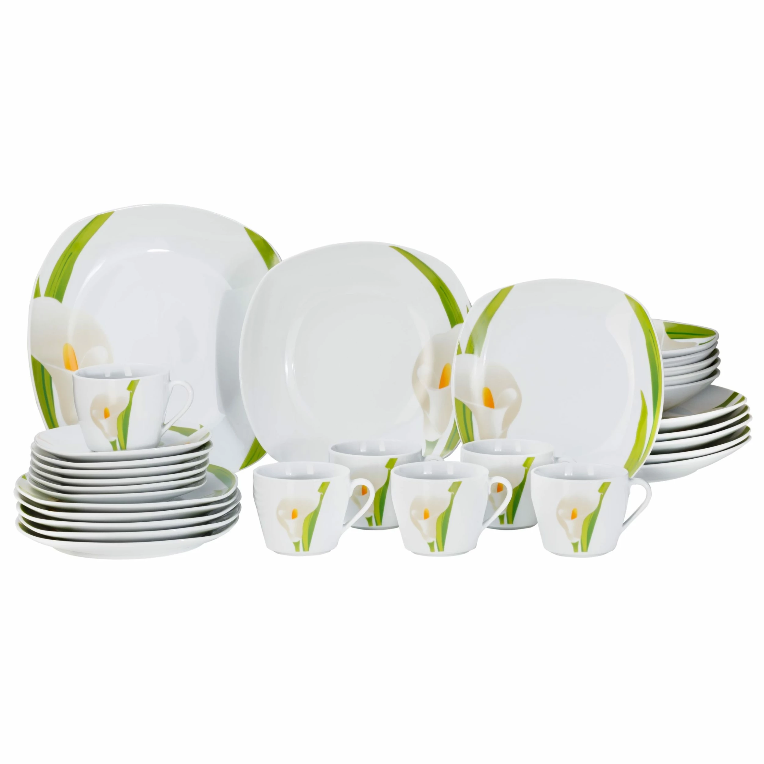 Null Kombiservice Calla 30-teilig Eckig Porzellan Für 6 Personen Weiß Mit Blumendekor 1 Null Kombiservice Calla 30-teilig Eckig Porzellan Für 6 Personen Weiß Mit Blumendekor