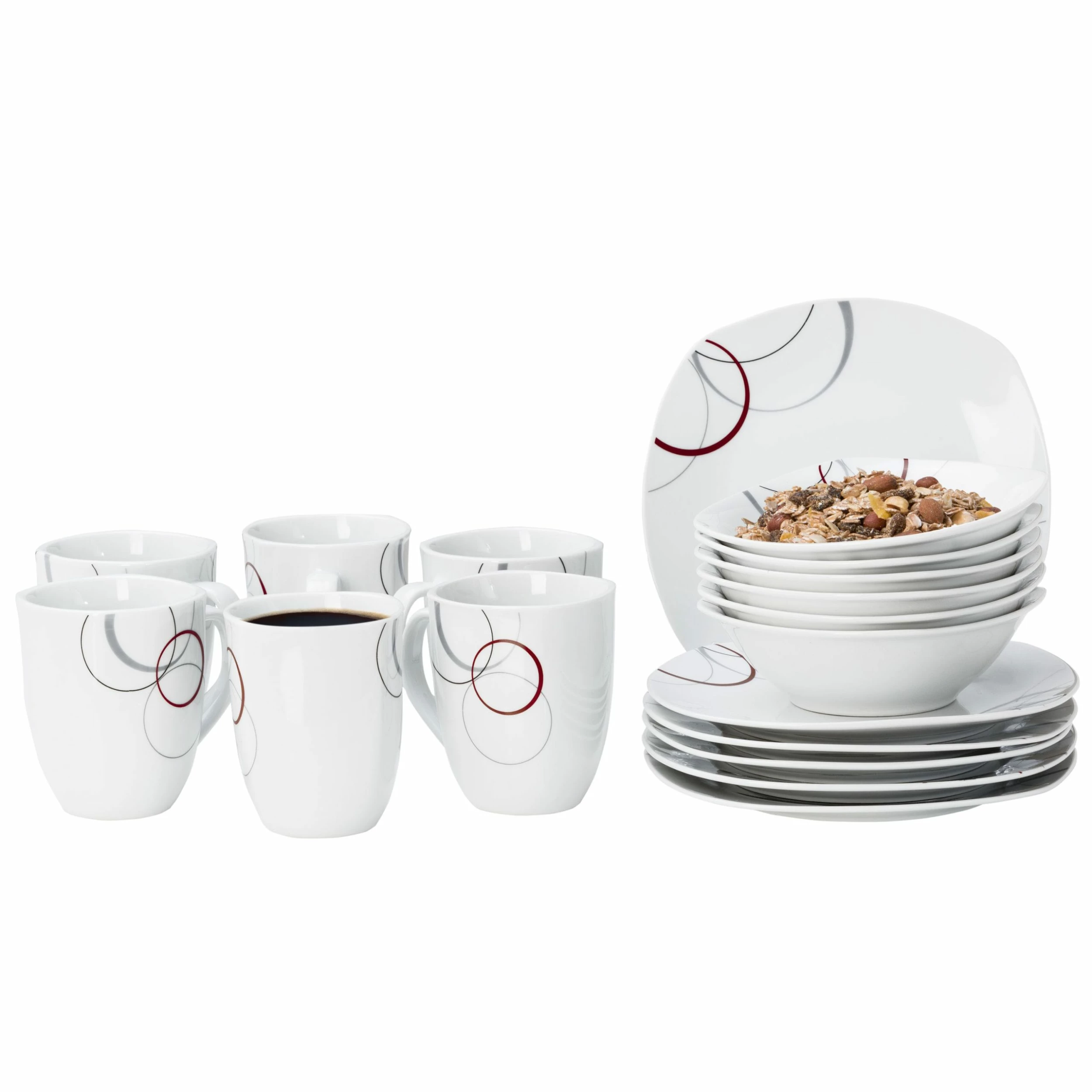 Null Frühstücksset 18tlg. Silver Night Für 6 Personen - 6 Teller, 6 Becher Und 6 Müslischalen Aus Weißem Porzellan Mit Grauen / Schwarzen Linien 4 Null Frühstücksset 18tlg. Silver Night Für 6 Personen - 6 Teller, 6 Becher Und 6 Müslischalen Aus Weißem Porzellan Mit Grauen / Schwarzen Linien – Bild 4