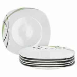 Null 6er Set Essteller Flach Donna 25cm - Speiseteller Aus Weißem Porzellan Mit Linien- Dekor In Schwarz, Grau Und Grün