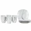 Null Frühstücksset 12tlg. Silver Night Für 6 Personen - 6 Teller Und 6 Becher Aus Weißem Porzellan Mit Grauen / Schwarzen Linien