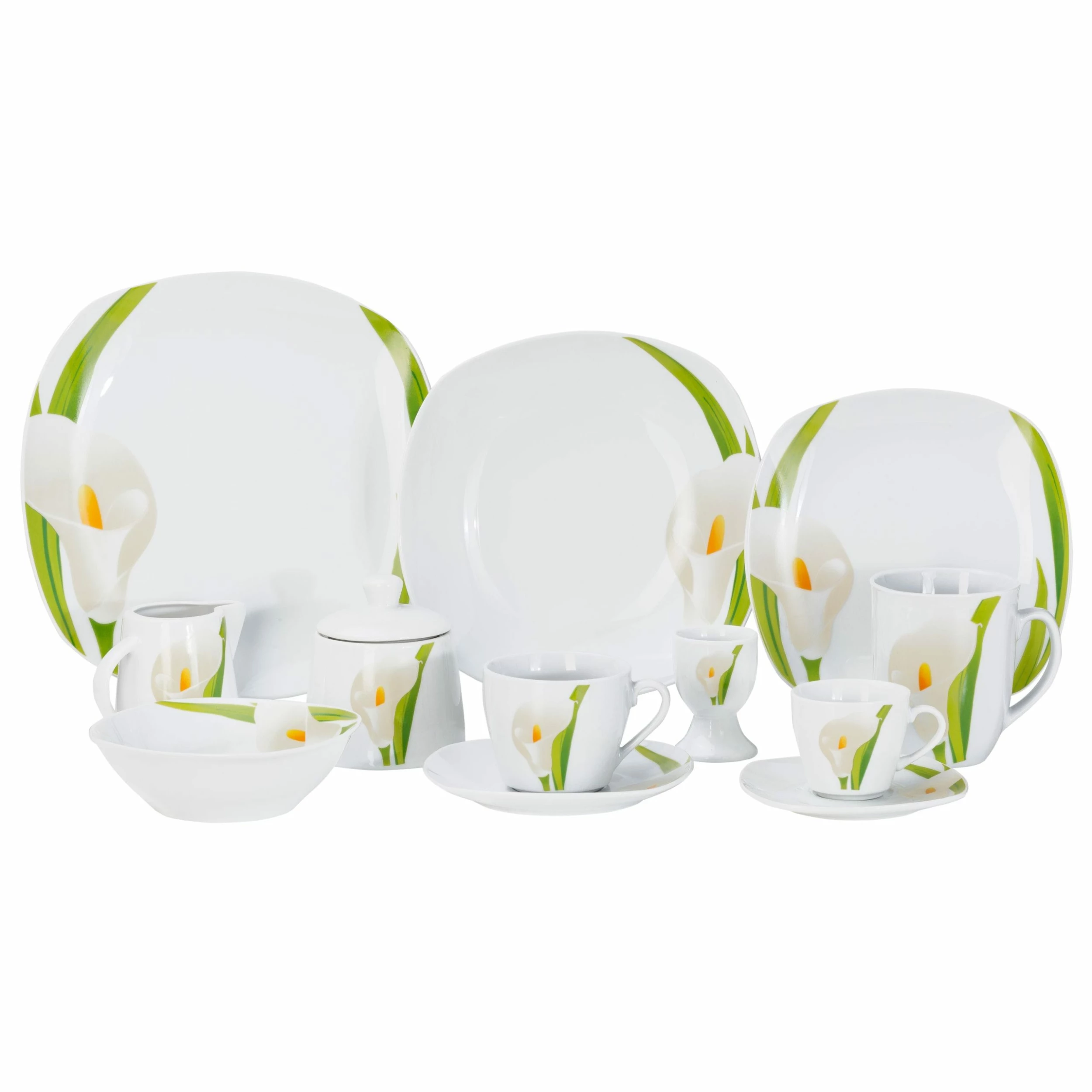 Null Kombiservice Calla 62tlg. Eckig Porzellan Für 6 Personen Weiß Mit Blumendekor 1 Null Kombiservice Calla 62tlg. Eckig Porzellan Für 6 Personen Weiß Mit Blumendekor